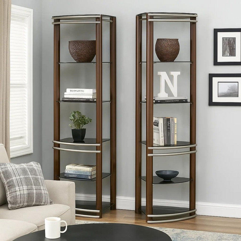 Lein 65 Inch Pier Shelf, Brown, Silver Metal Frame, Glass Shelves, Set of 2 - BM300744
