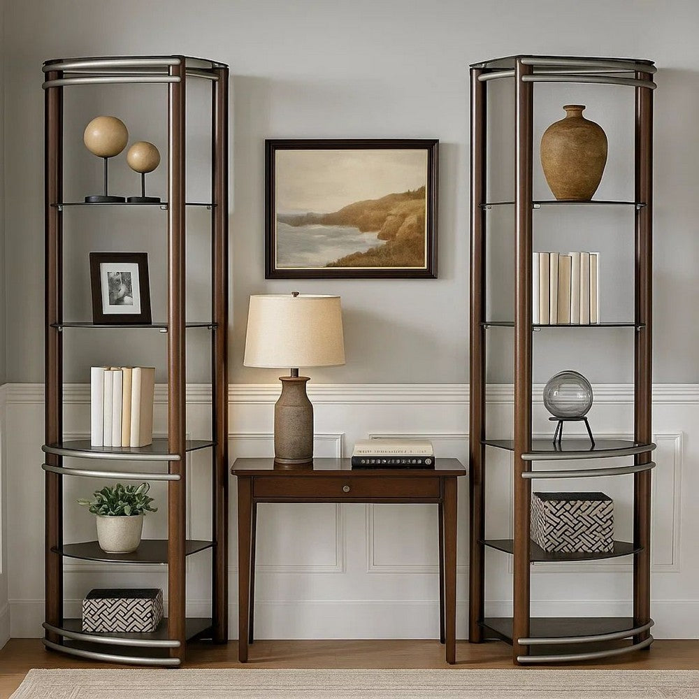 Lein 65 Inch Pier Shelf, Brown, Silver Metal Frame, Glass Shelves, Set of 2 - BM300744