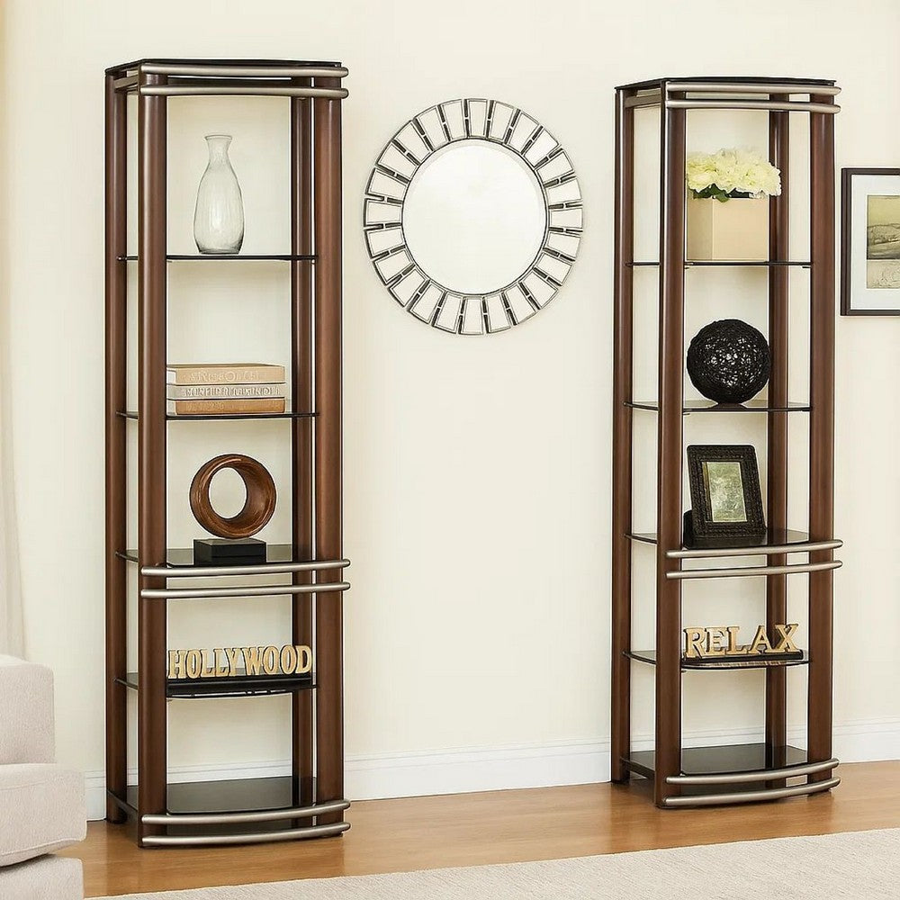 Lein 65 Inch Pier Shelf, Brown, Silver Metal Frame, Glass Shelves, Set of 2 - BM300744