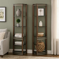 Lein 65 Inch Pier Shelf, Brown, Silver Metal Frame, Glass Shelves, Set of 2 - BM300744