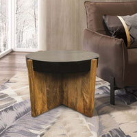 Oza 24 Inch Round Side Table, Distressed Top, Crossed Base, Rich Brown - BM300768