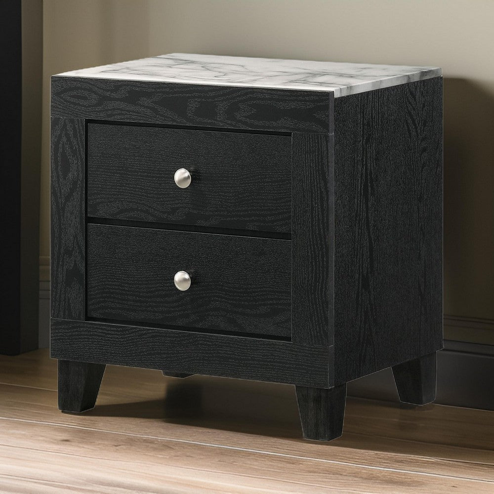 Yoh 23 Inch 2 Drawer Nightstand, White Marble Top, Metal Knobs, Black - BM300824