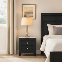 Yoh 23 Inch 2 Drawer Nightstand, White Marble Top, Metal Knobs, Black - BM300824