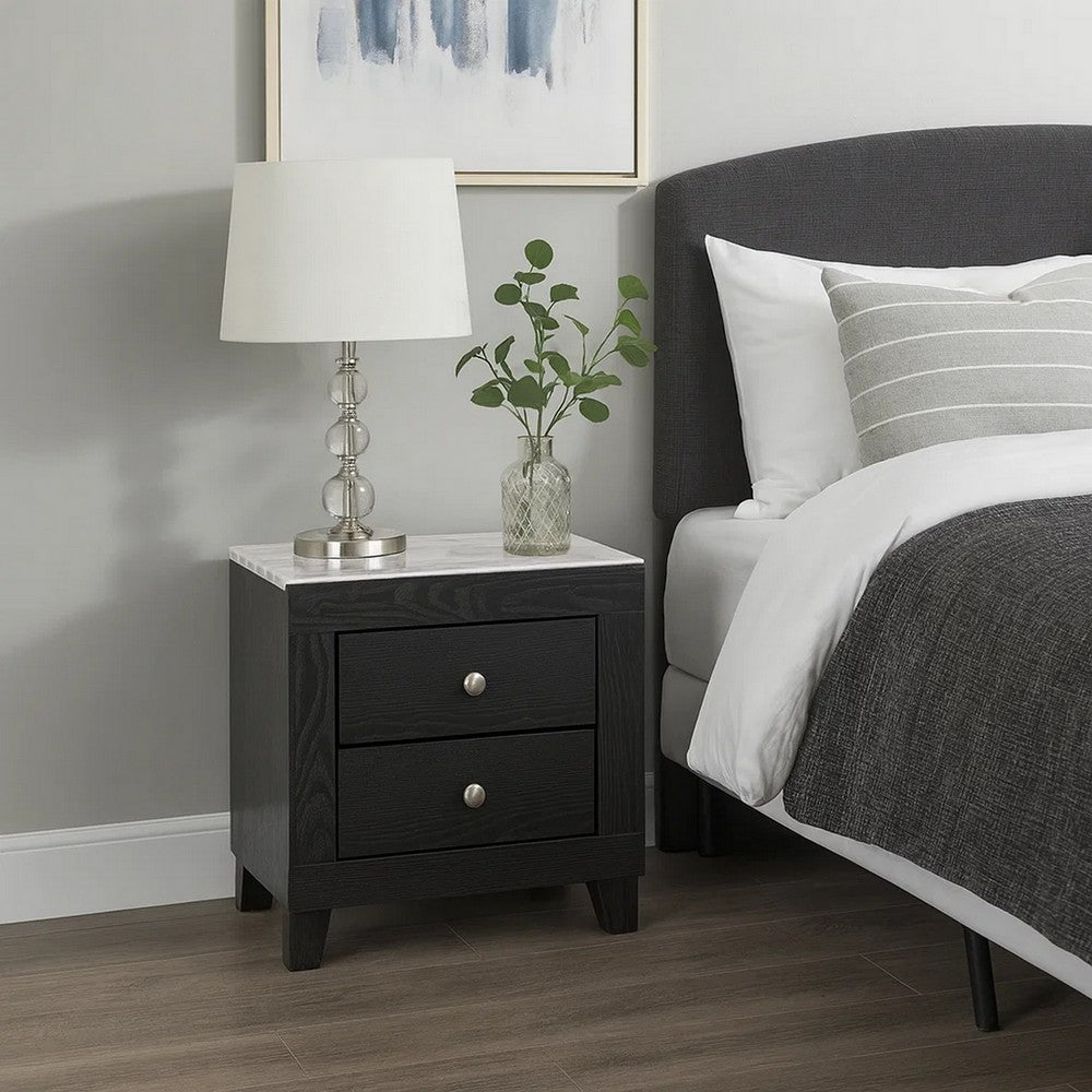 Yoh 23 Inch 2 Drawer Nightstand, White Marble Top, Metal Knobs, Black - BM300824