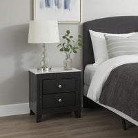 Yoh 23 Inch 2 Drawer Nightstand, White Marble Top, Metal Knobs, Black - BM300824