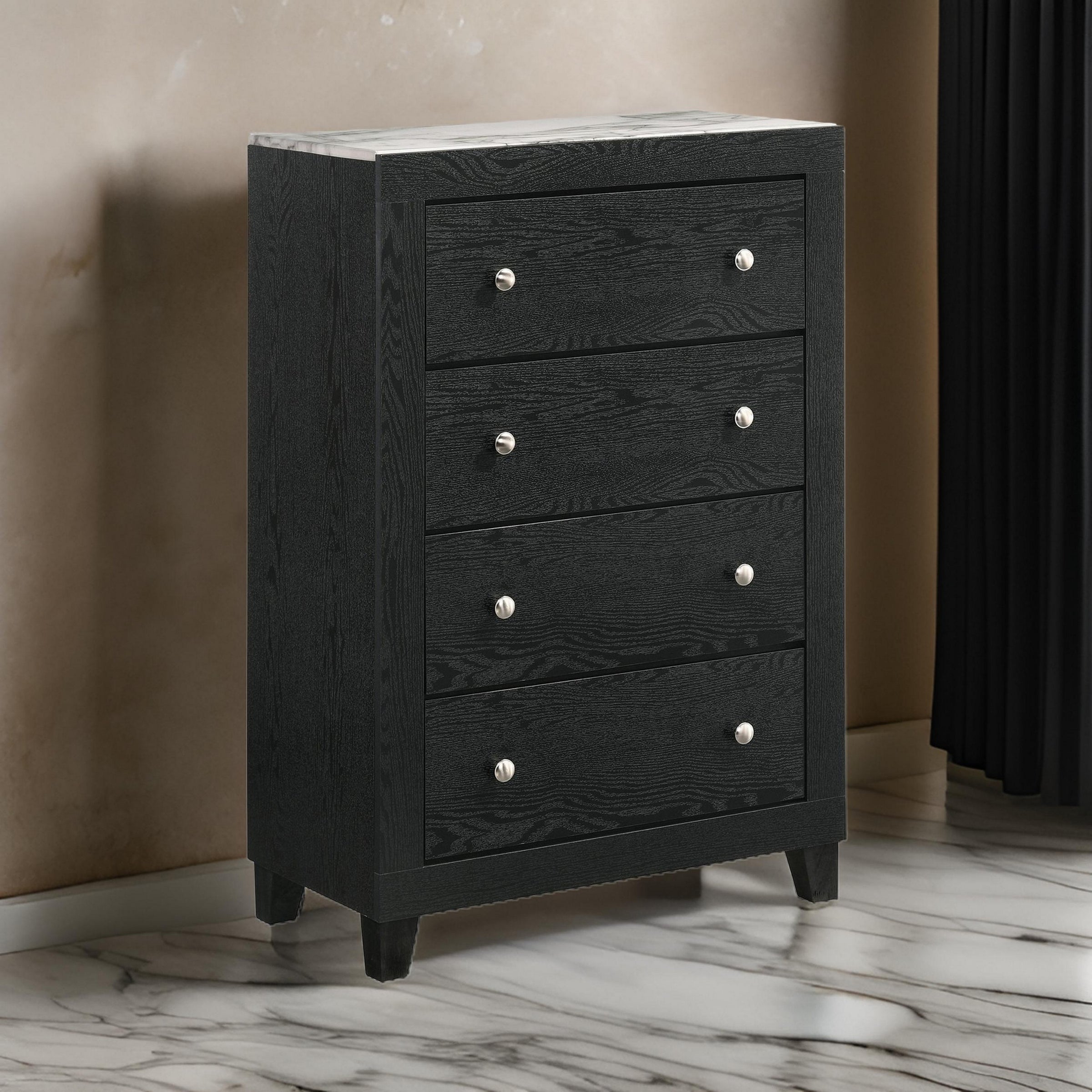 Benjara Yoh 47 Inch Tall 4 Drawer Dresser Chest with Marble Top, Metal Knobs, Black - BM300825 |Benzara.com Benjara Yoh 47 Inch Tall 4 Drawer Dresser Chest with Marble Top, Metal Knobs, Black - BM300825 |Benzara.com