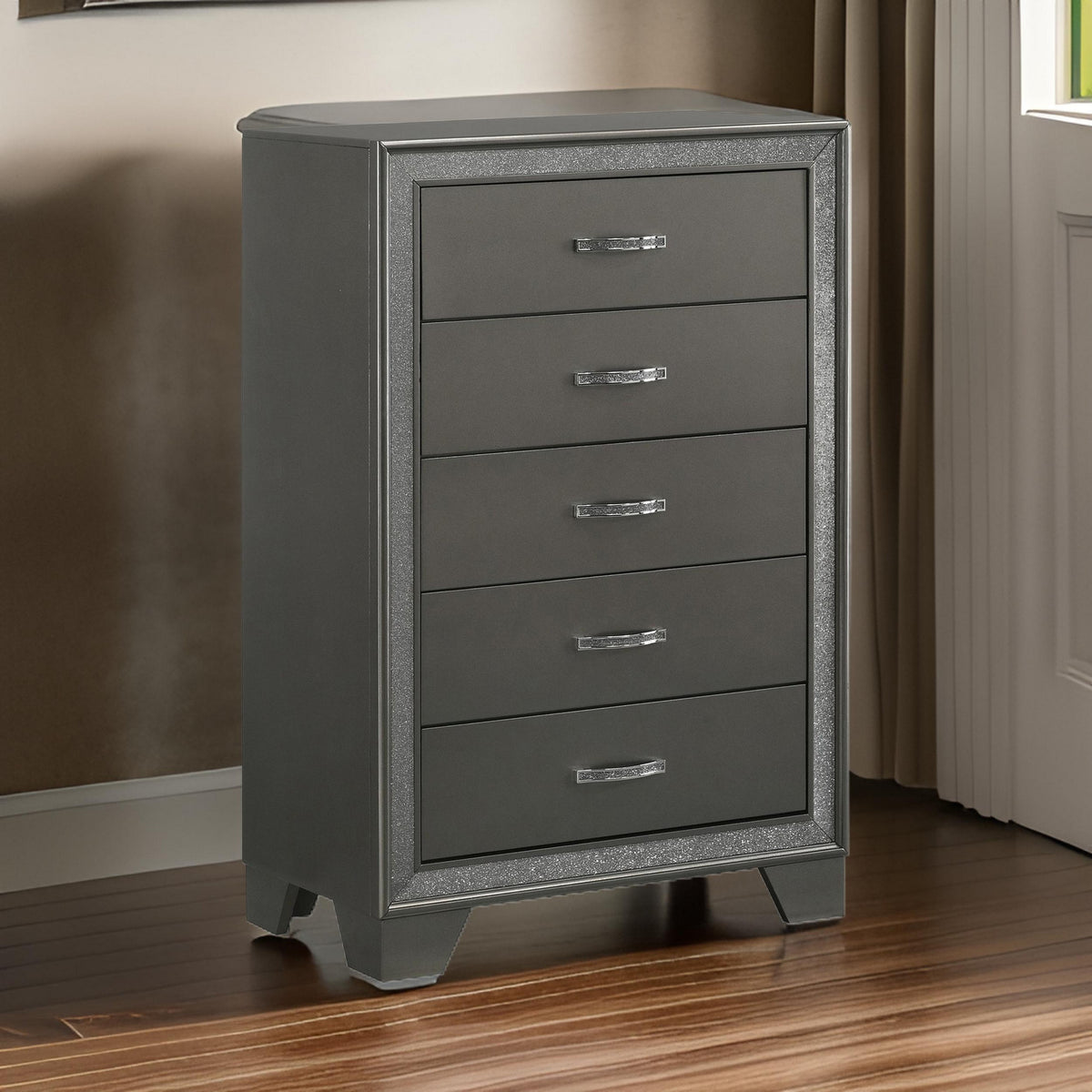 Zuka 47 Inch Tall 5 Drawer Dresser Chest, Faux Diamond Trim, Modern Gray - BM300827