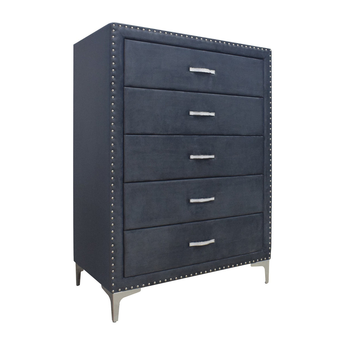 Benjara Moha 50 Inch Tall 5 Drawer Dresser Chest, Glass Top Gray Velvet Upholstered Benjara Moha 50 Inch Tall 5 Drawer Dresser Chest, Glass Top Gray Velvet Upholstered