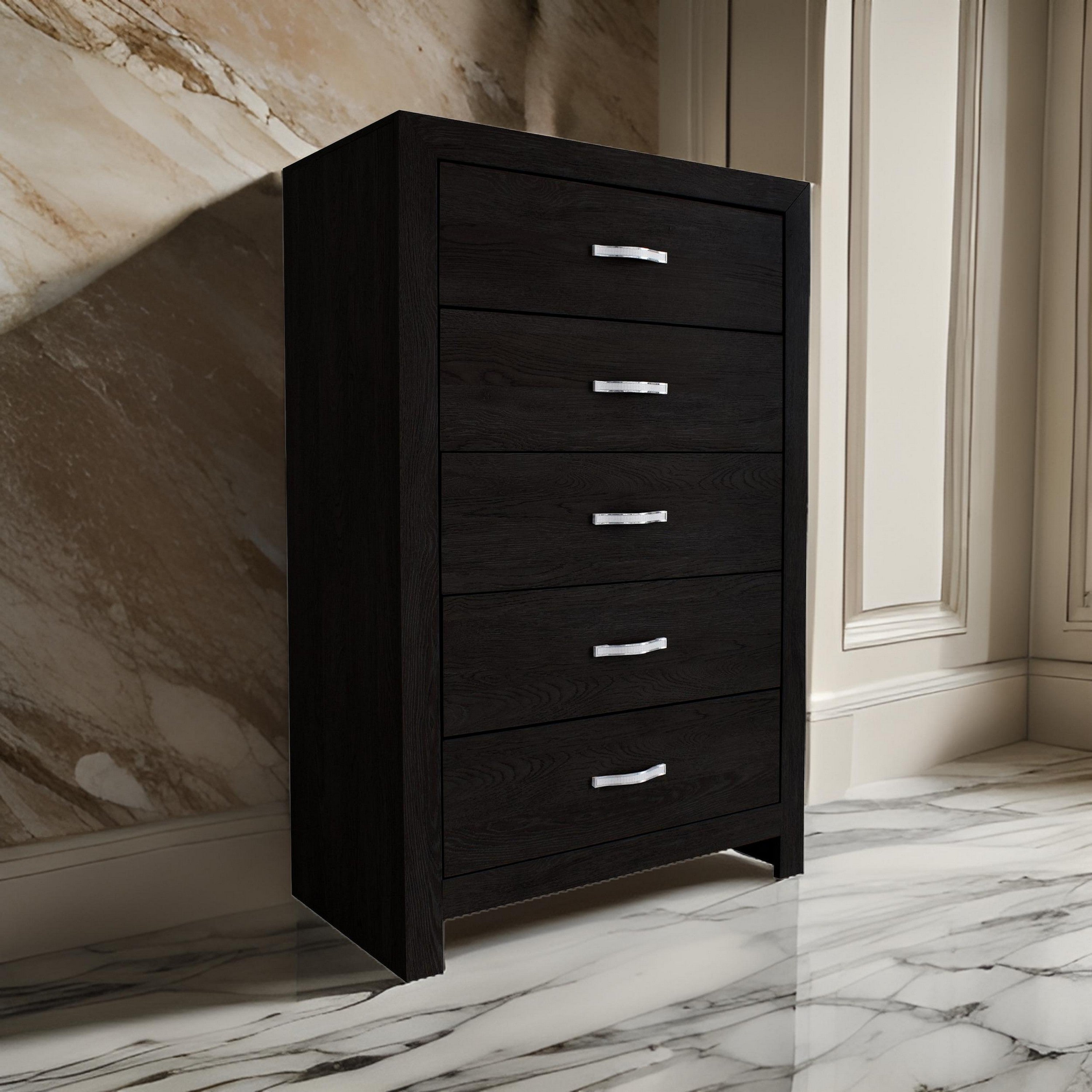 ●BLACK MENAGERIE Benjara Ancy 48 Inch Tall 5 Drawer Dresser Chest, Faux