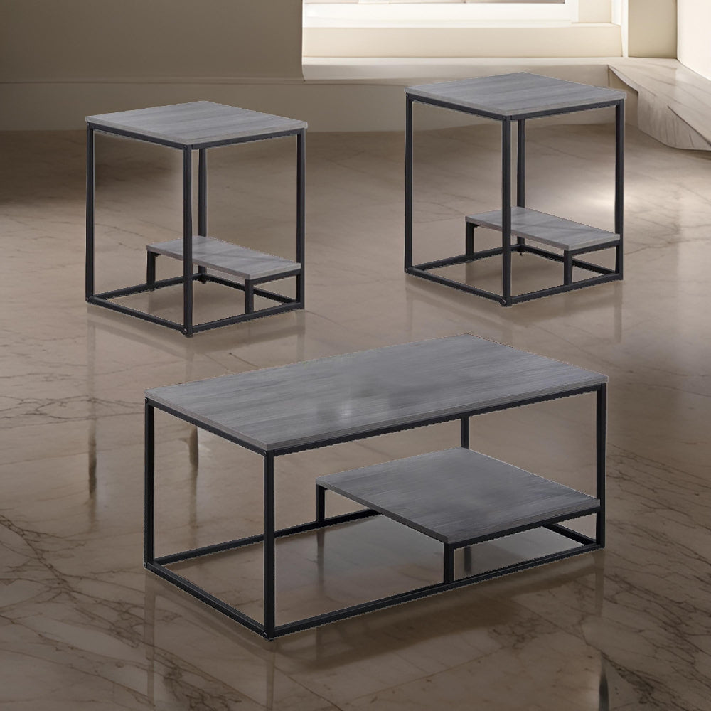 3 Piece Cocktail Set with Coffee Table and 2 End Tables, Wood Shelves, Gray - BM300844