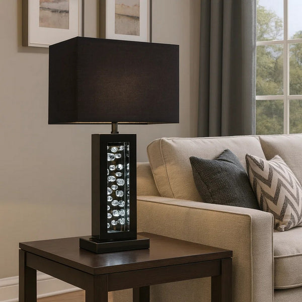 28 Inch Nickel Table Lamp, Black Fabric Shade, Glass Panel and LED Accents - BM300853