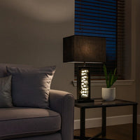 28 Inch Nickel Table Lamp, Black Fabric Shade, Glass Panel and LED Accents - BM300853