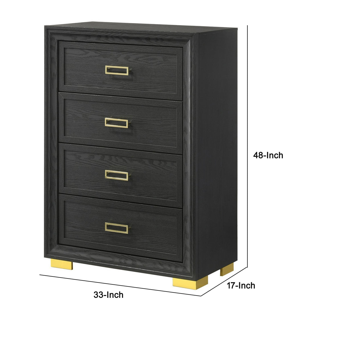 Nio 48 Inch Tall 4 Drawer Dresser Chest, Bracket Legs, Frame Handles, Gray - BM300866