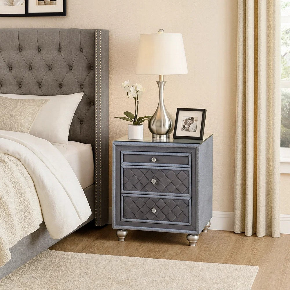 Yin 30 Inch 3 Drawer Nightstand, Glass Top, Crystal Knobs, Gray Velvet - BM300868