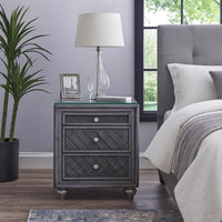 Yin 30 Inch 3 Drawer Nightstand, Glass Top, Crystal Knobs, Gray Velvet - BM300868