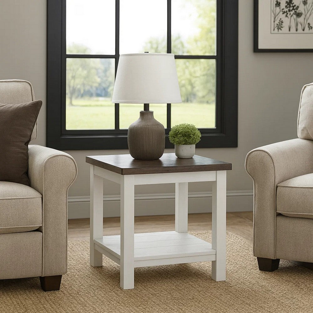 Mon 24 Inch Square End Table, Open Bottom Shelf, Brown Top, White Frame - BM300878