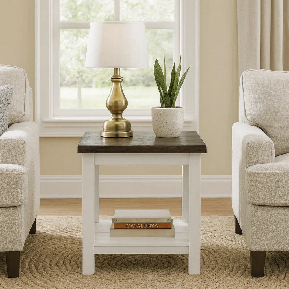 Mon 24 Inch Square End Table, Open Bottom Shelf, Brown Top, White Frame - BM300878