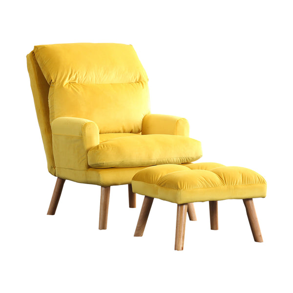 Nina 28 Inch 2 Piece Accent Chair and Ottoman Set, Splayed Legs, Yellow  - BM300900