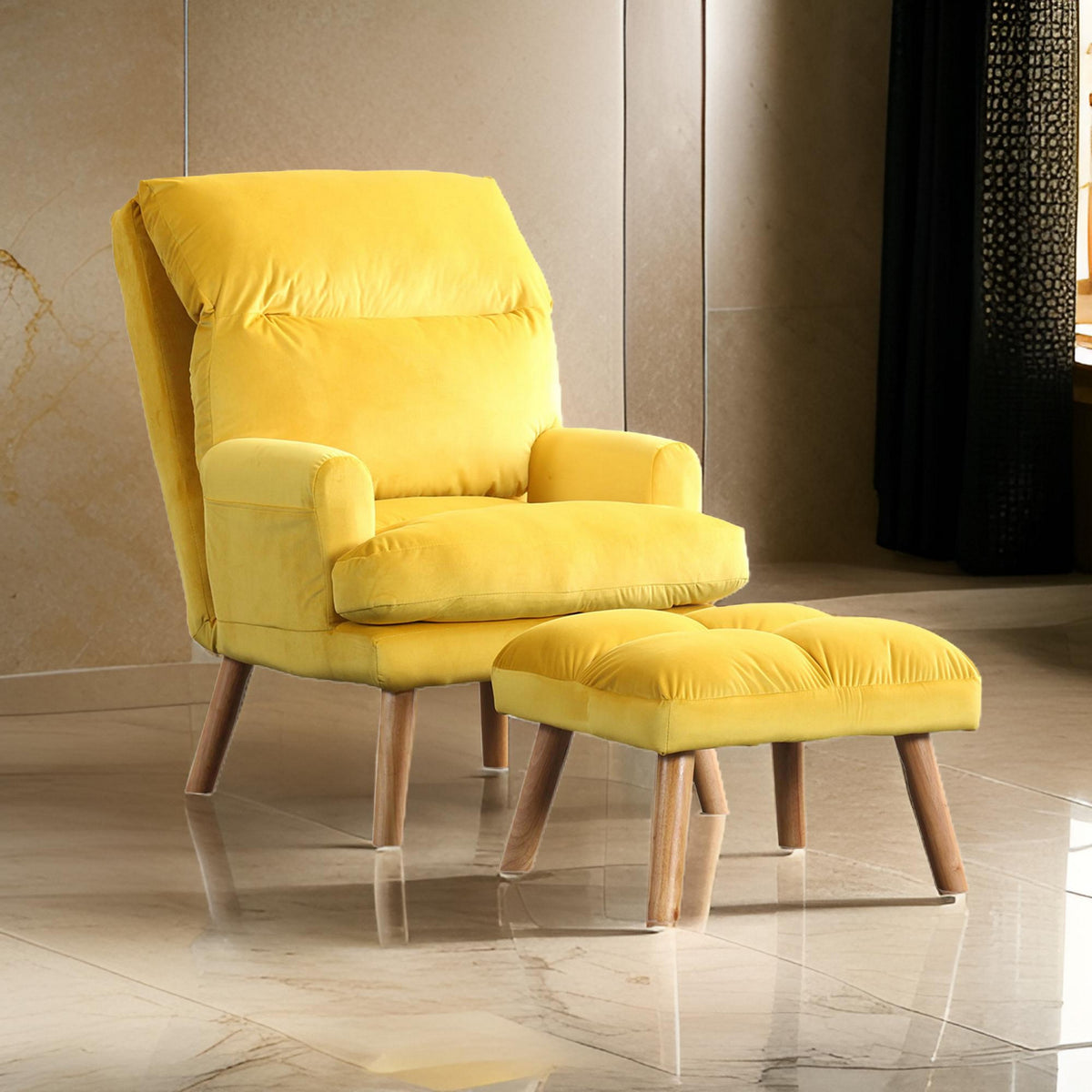 Nina 28 Inch 2 Piece Accent Chair and Ottoman Set, Splayed Legs, Yellow  - BM300900