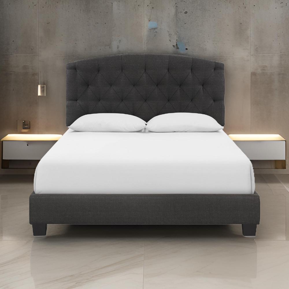 Dane Full Size Bed, Fully Upholstered, Tufted Curved Headboard, Dark Gray - BM300906