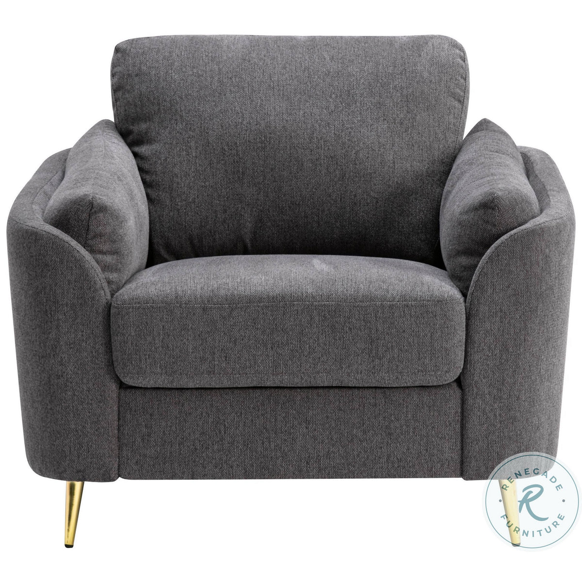 Jace 35 Inch Accent Chair, Dark Gray Polyester, Gold Metal Legs, Pillow Back - BM300917