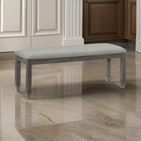 Rome 48 Inch Bench, Gray Textured Fabric, Padded Seat, Antique Gray Wood - BM300989