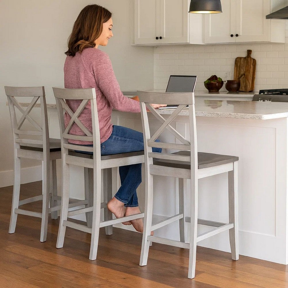 Brian 23 Inch Counter Chair, Crossbuck Backrest, Rustic Gray Wood, Brown - BM301056