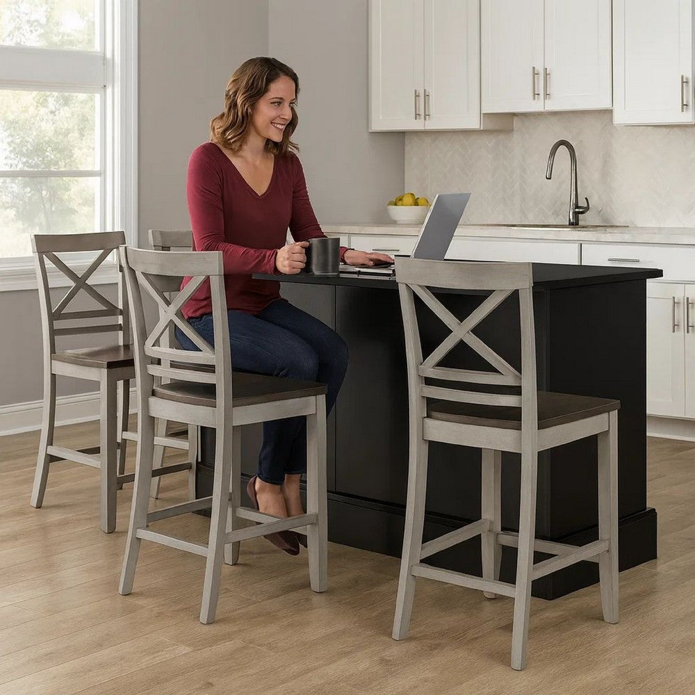 Brian 23 Inch Counter Chair, Crossbuck Backrest, Rustic Gray Wood, Brown - BM301056