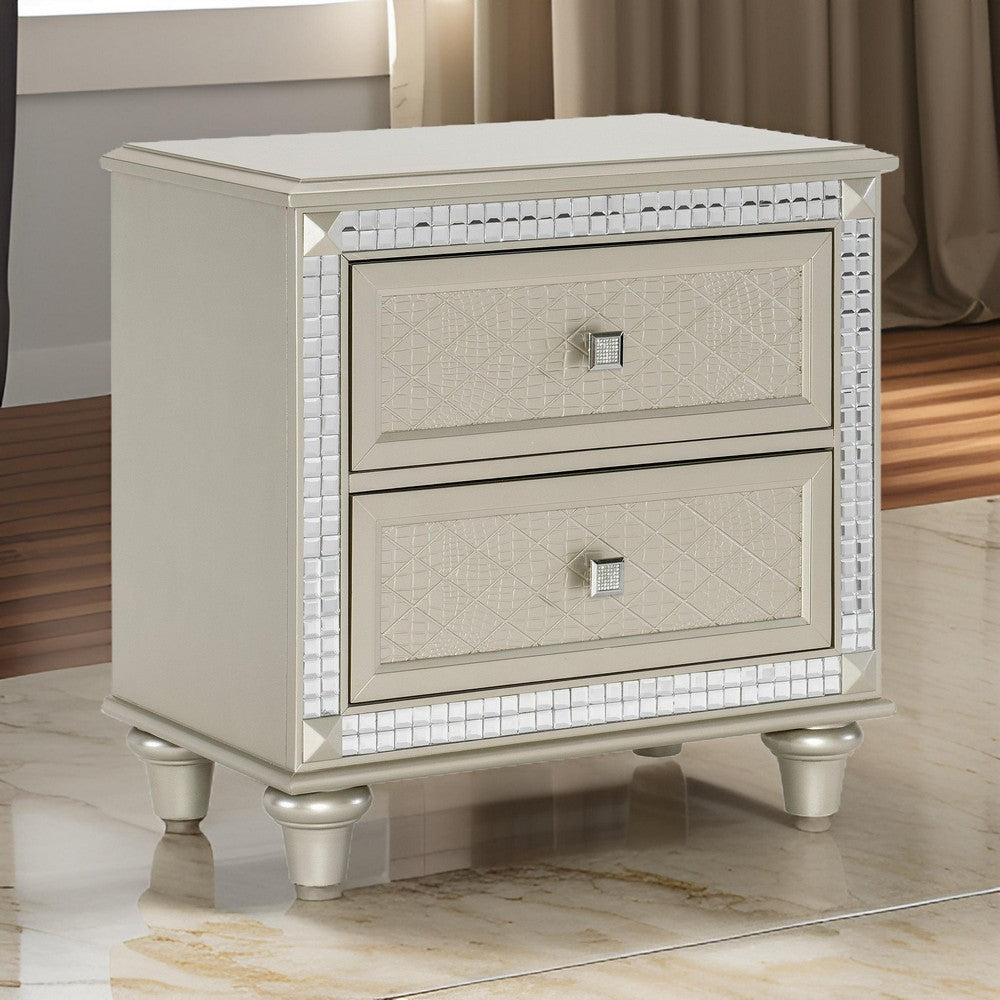 Juhi 29 Inch Nightstand, 2 Drawers, Acrylic Crystal Accents, Silver Trim - BM301064