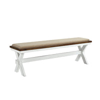 60 Inch Bench, Polyester Upholstery, Crossed Legs, Antique White Finish - BM301068