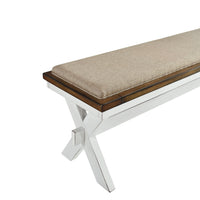 60 Inch Bench, Polyester Upholstery, Crossed Legs, Antique White Finish - BM301068