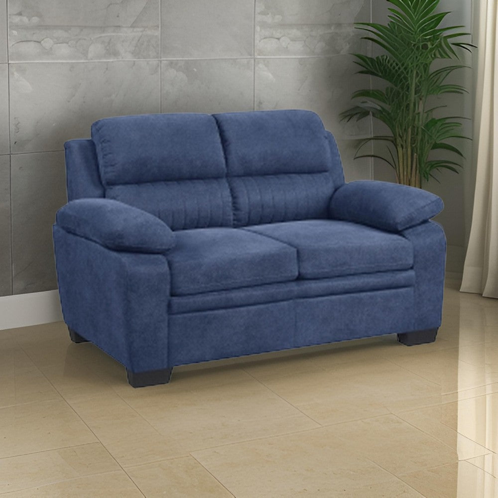 Hugh 58 Inch Loveseat, Blue Fabric, Pillow Armrests, Channel Tufted Back - BM301136