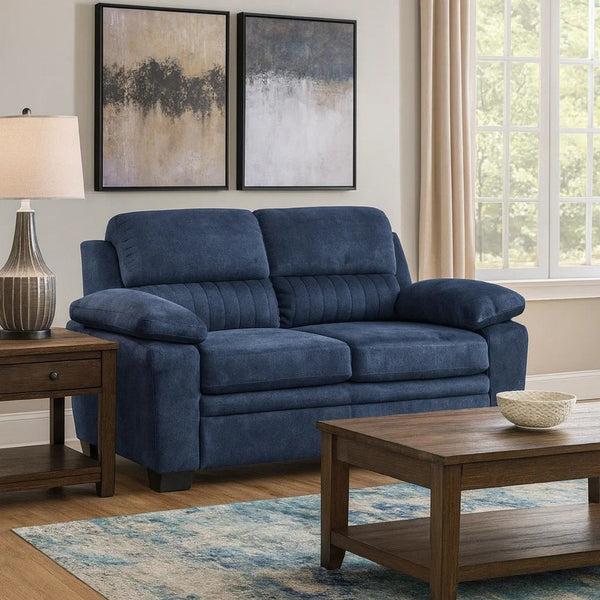 Hugh 58 Inch Loveseat, Blue Fabric, Pillow Armrests, Channel Tufted Back - BM301136
