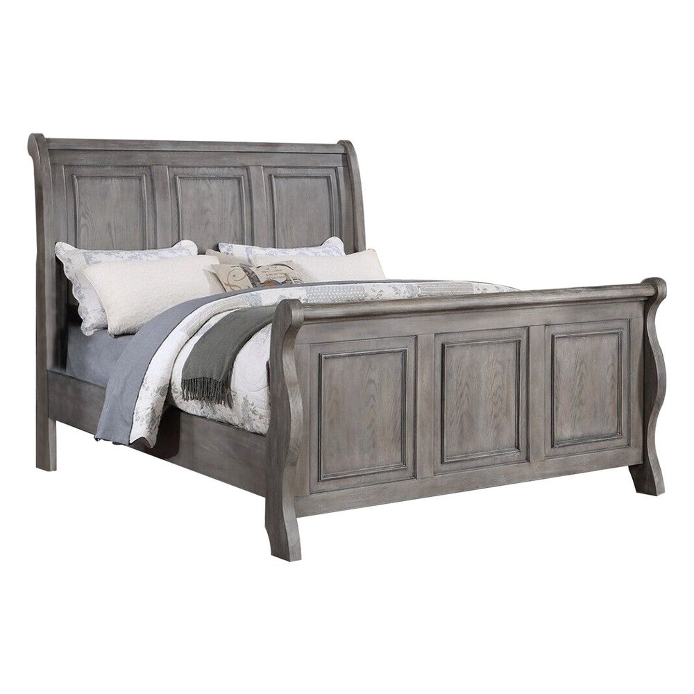 Demi Queen Size Bed, Sleigh Headboard, Tri Panel Molding, Oak Gray Wood - BM301327