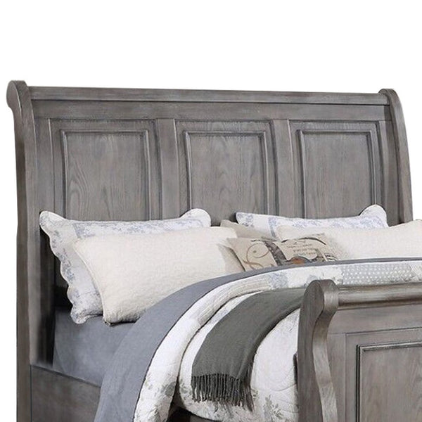 Demi Queen Size Bed, Sleigh Headboard, Tri Panel Molding, Oak Gray Wood - BM301327