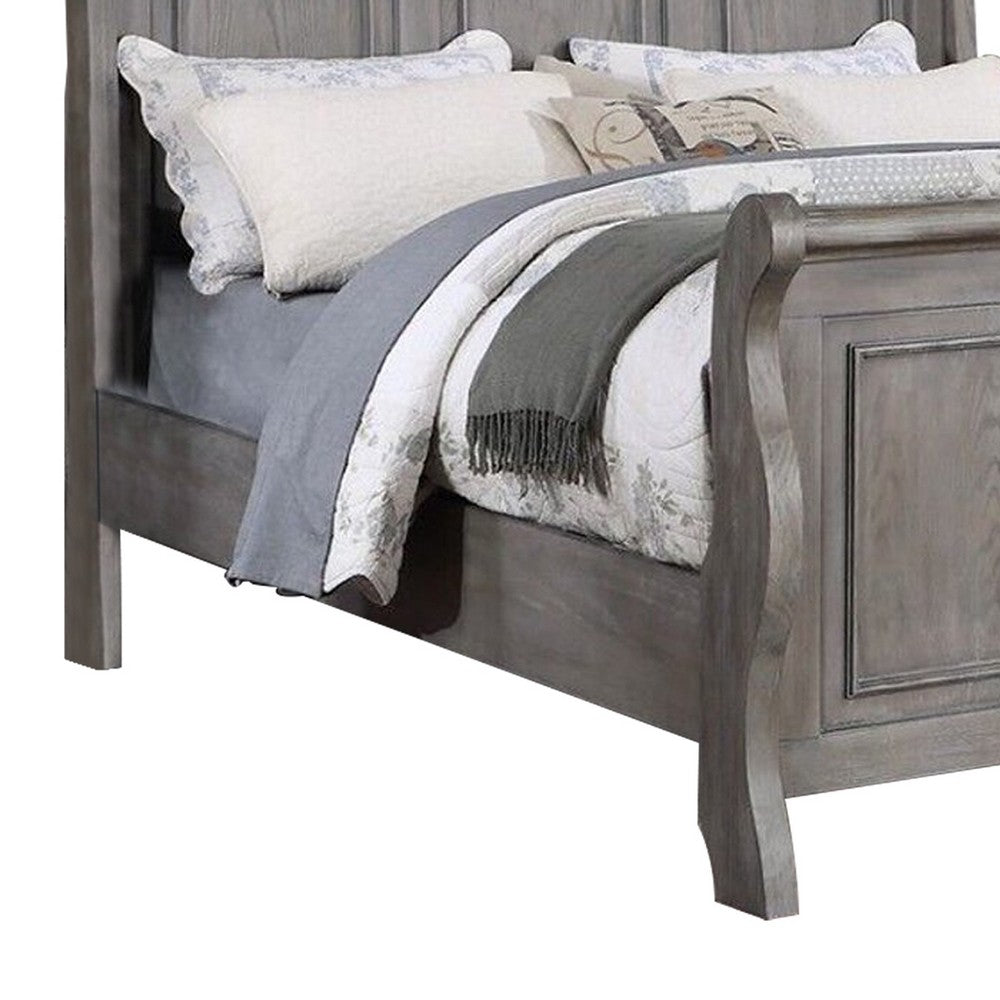Demi Queen Size Bed, Sleigh Headboard, Tri Panel Molding, Oak Gray Wood - BM301327