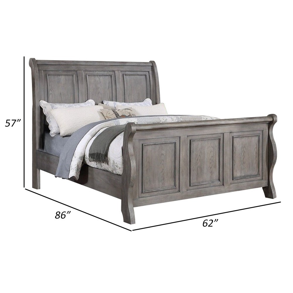 Demi Queen Size Bed, Sleigh Headboard, Tri Panel Molding, Oak Gray Wood - BM301327