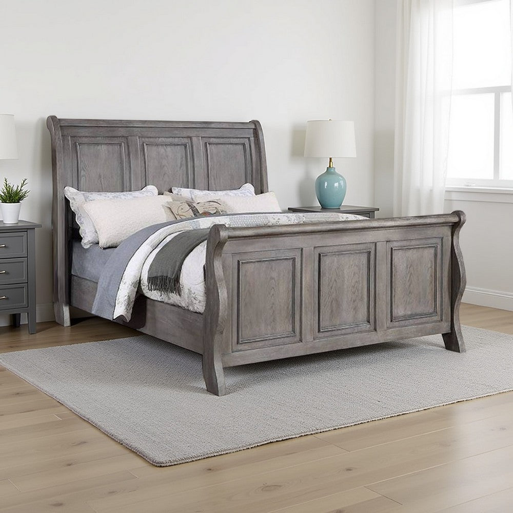 Demi Queen Size Bed, Sleigh Headboard, Tri Panel Molding, Oak Gray Wood - BM301327