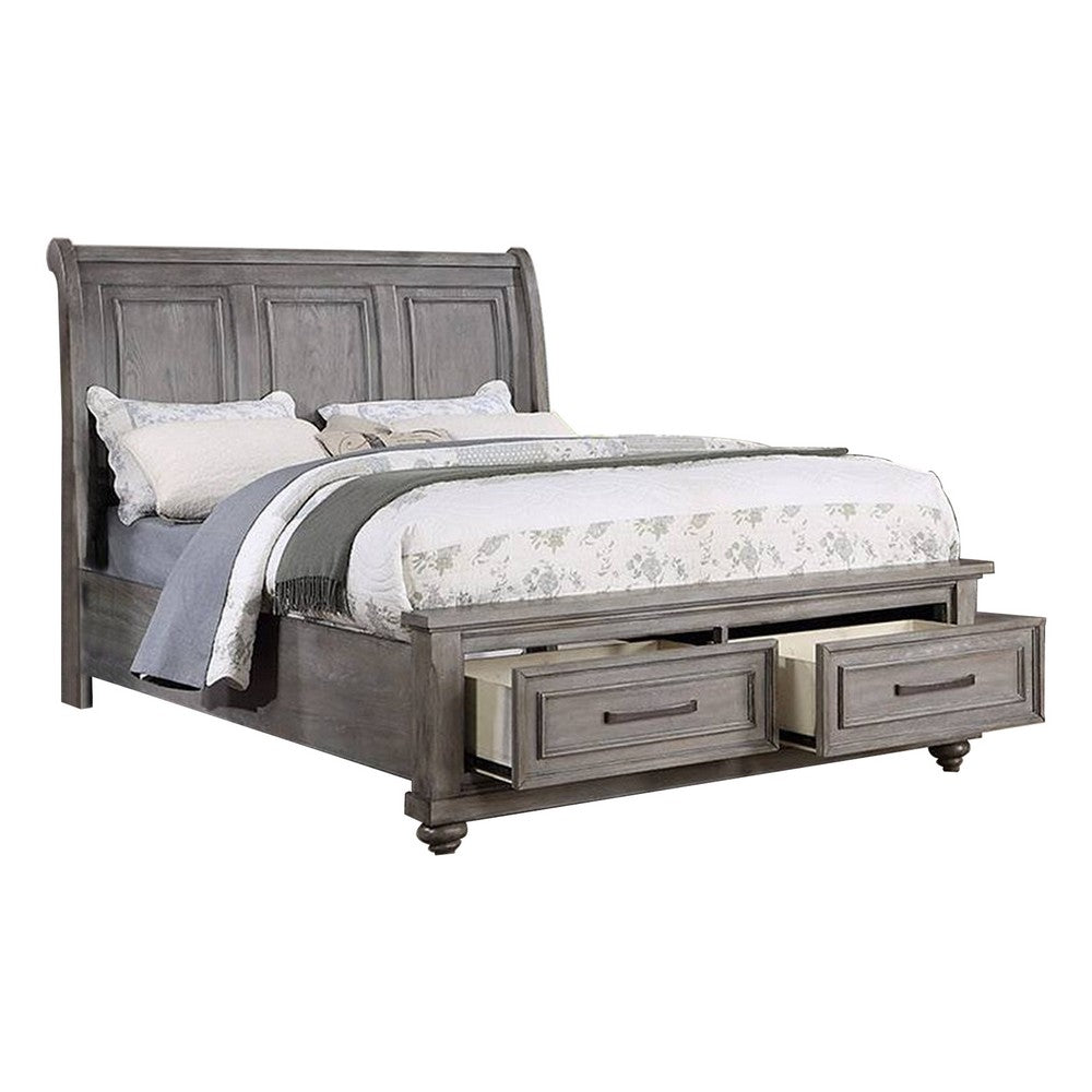 Demi California King Bed, Sleigh Headboard, Storage Drawers, Oak Gray Wood - BM301328