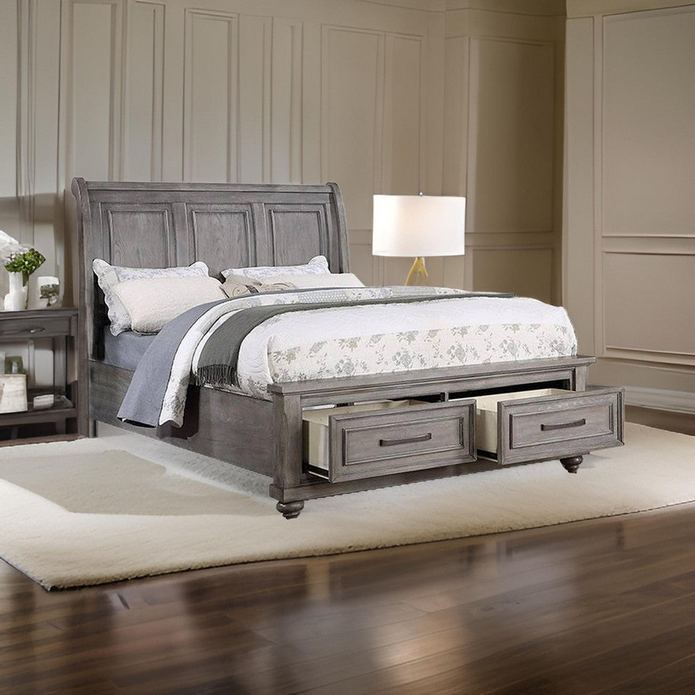 Demi California King Bed, Sleigh Headboard, Storage Drawers, Oak Gray Wood - BM301328