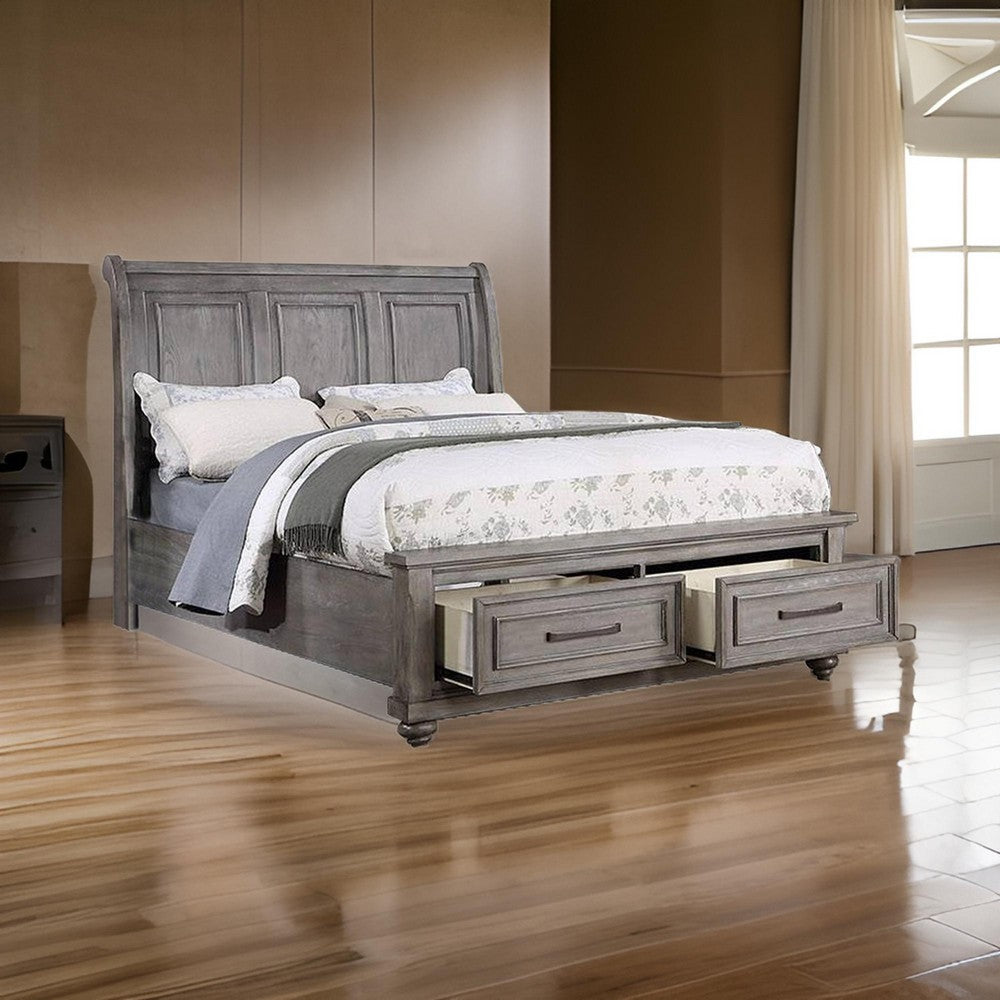 Demi King Size Bed, Sleigh Headboard, 2 Storage Drawers, Oak Gray Wood - BM301329