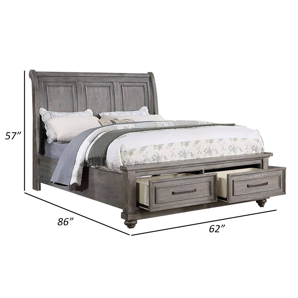 Demi Queen Size Bed, Sleigh Headboard, 2 Storage Drawers, Oak Gray Wood - BM301330