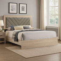 Cato Upholstered King Size Bed, Chevron Tufted Gray Headboard, Cream Finish - BM301358