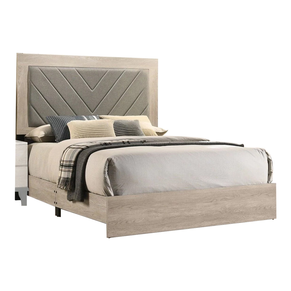 Cato Upholstered King Size Bed, Chevron Tufted Gray Headboard, Cream Finish - BM301358