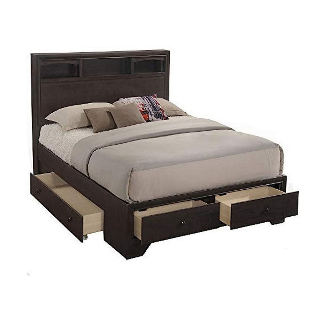 Queen Size Bed with 4 Storage Drawers, Bookcase Headboard, Walnut Brown - BM301375