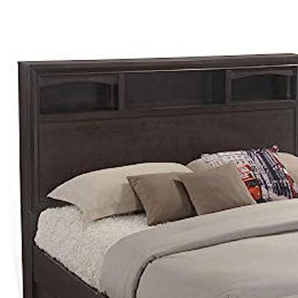 Queen Size Bed with 4 Storage Drawers, Bookcase Headboard, Walnut Brown - BM301375