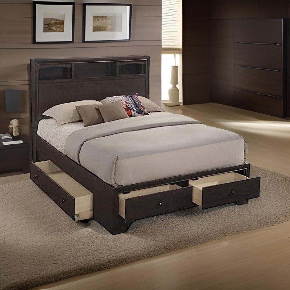 Queen Size Bed with 4 Storage Drawers, Bookcase Headboard, Walnut Brown - BM301375