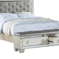 Reva Queen Bed, Storage Footboard, Silver Faux Leather Tufted Upholstery - BM301387