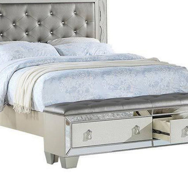 Reva Queen Bed, Storage Footboard, Silver Faux Leather Tufted Upholstery - BM301387