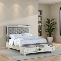 Reva Queen Bed, Storage Footboard, Silver Faux Leather Tufted Upholstery - BM301387